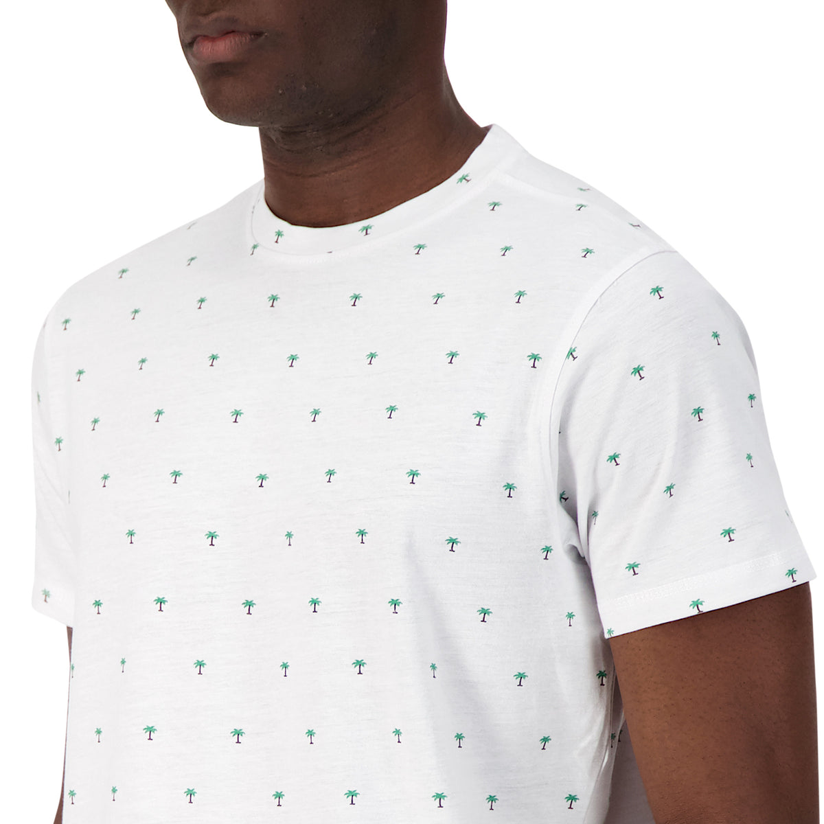 Model Front Up Close View of Short Sleeve Shirt with Palm Tree Print in White