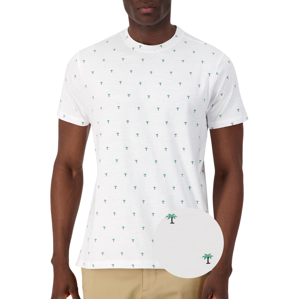 Model Front View of Short Sleeve Shirt with Palm Tree Print in White with magnified view of material and print