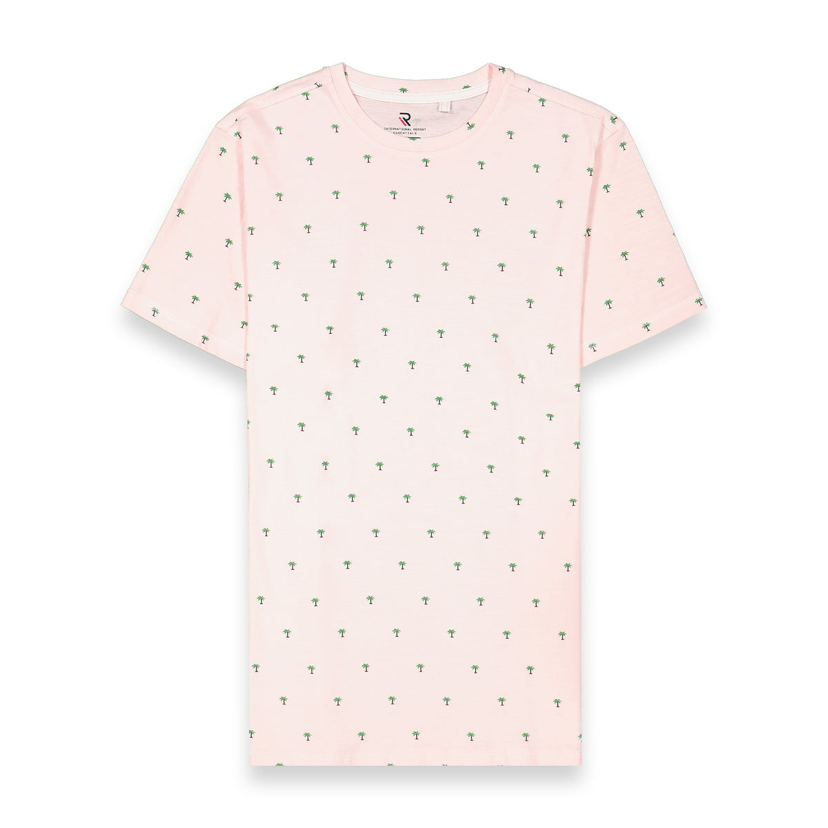 Front View of Short Sleeve Shirt with Palm Tree Print in Pink