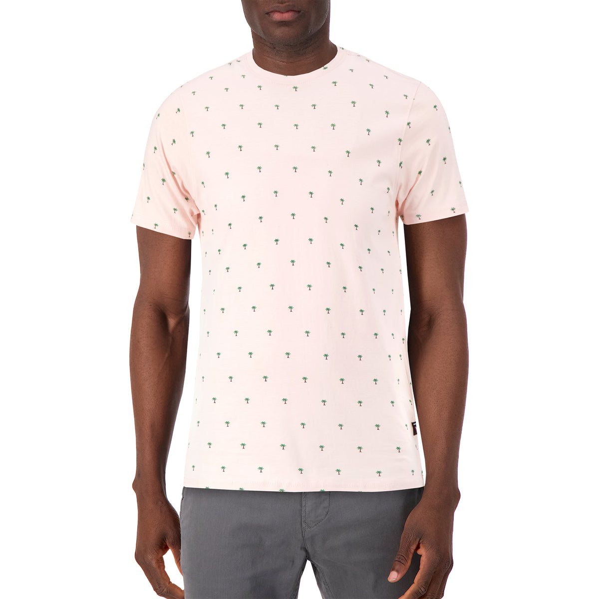 Model Front View of Short Sleeve Shirt with Palm Tree Print in Pink