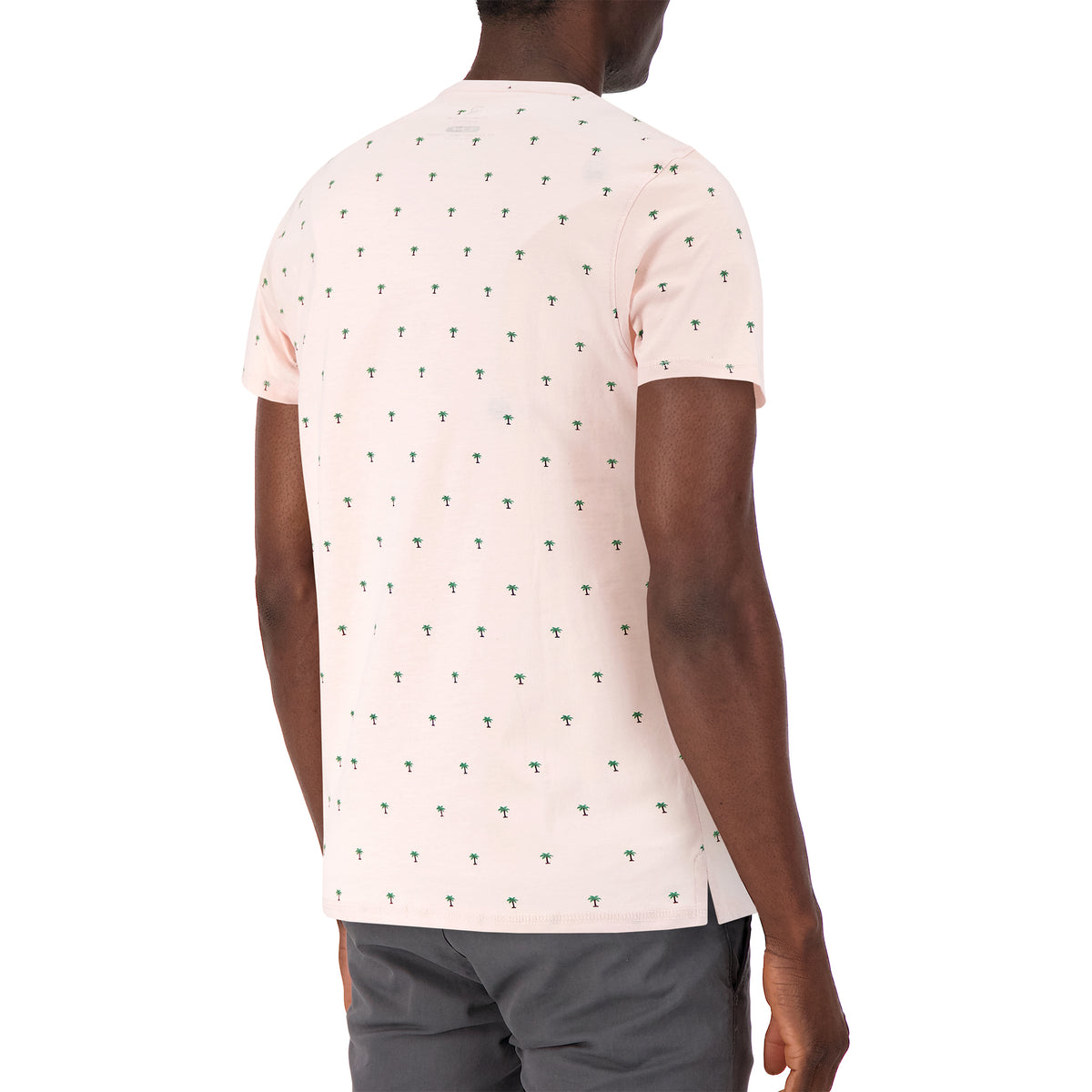 Model Back View of Short Sleeve Shirt with Palm Tree Print in Pink