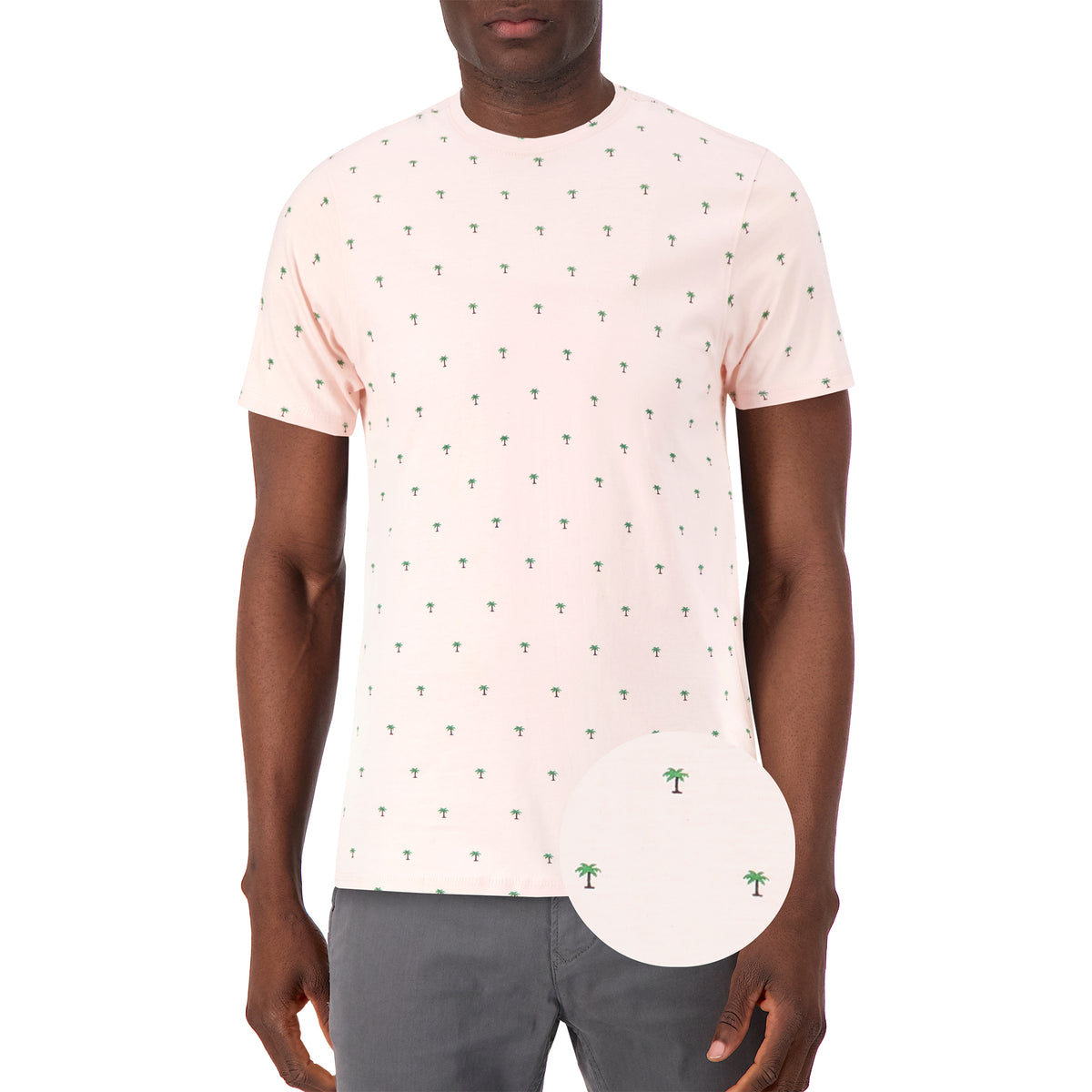 Model Front View of Short Sleeve Shirt with Palm Tree Print in Pink with magnified view of material and print
