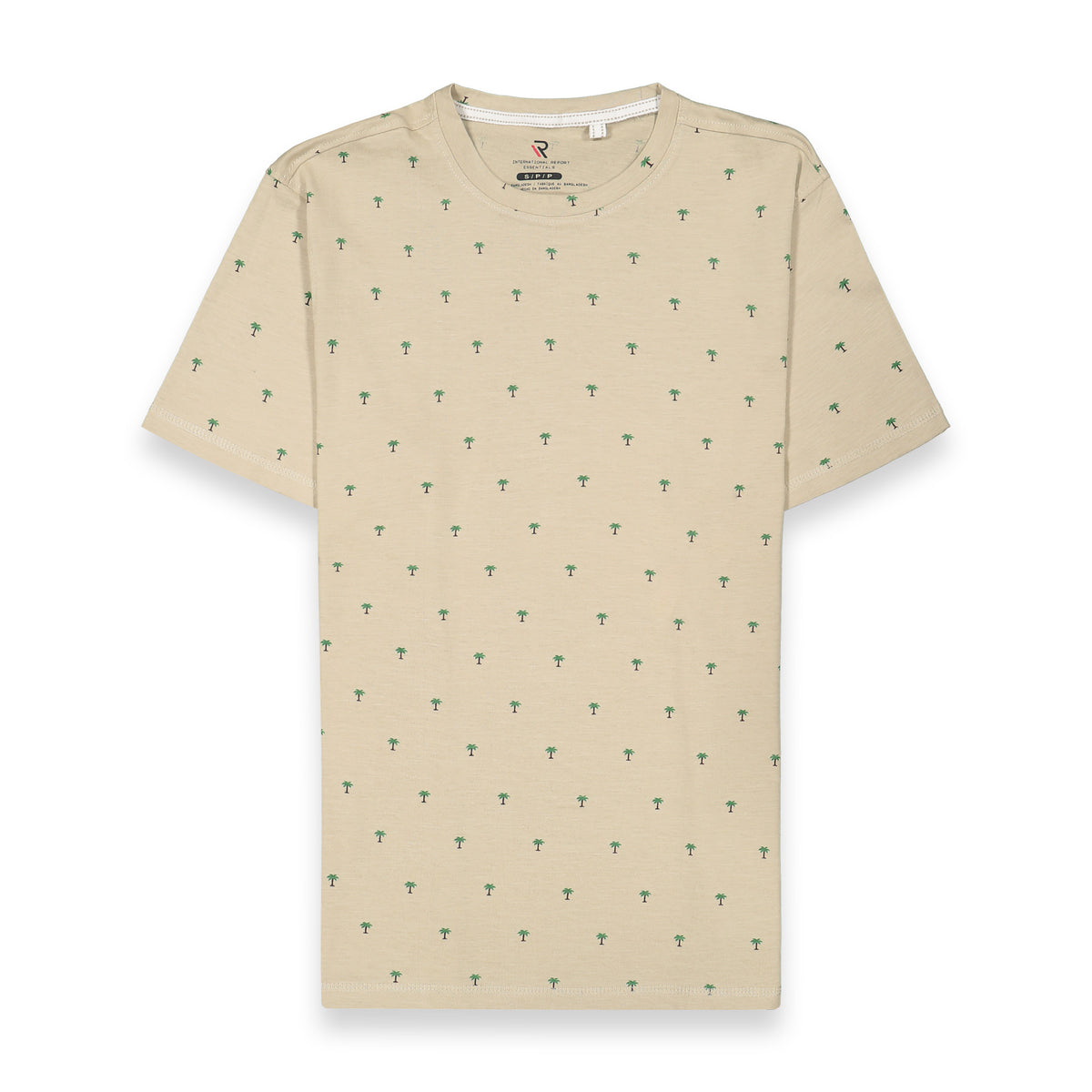 Front View of Short Sleeve Shirt with Palm Tree Print in Tan