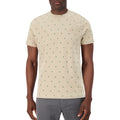 Model Front View of Short Sleeve Shirt with Palm Tree Print in Tan
