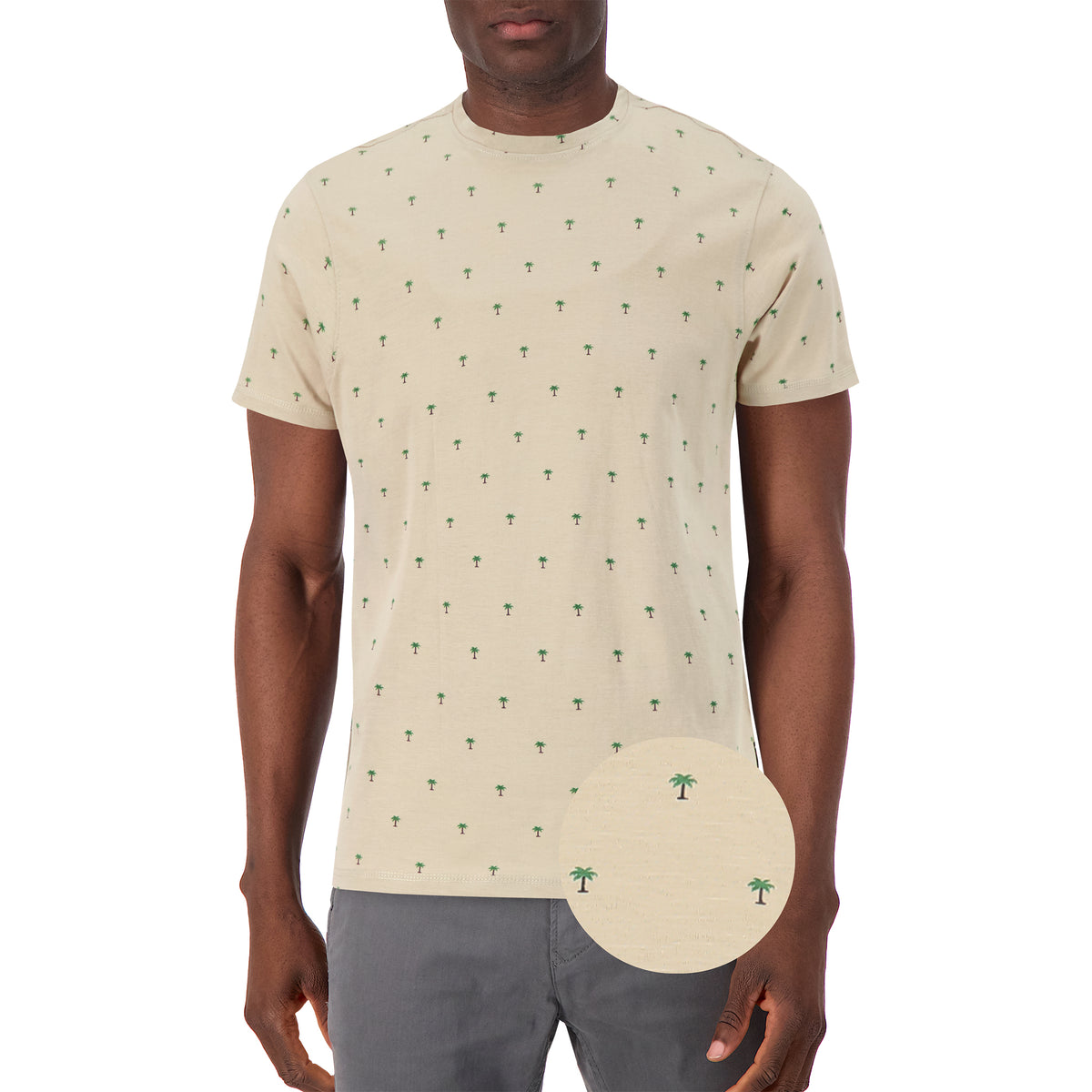 Model Front View of Short Sleeve Shirt with Palm Tree Print in Tan with magnified view of material and print