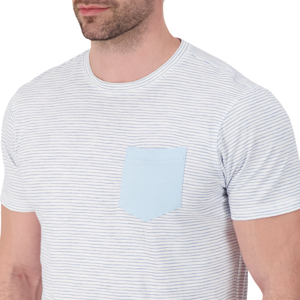 Model Front Close Up View of Short Sleeve Shirt with Stripes Print in Blue