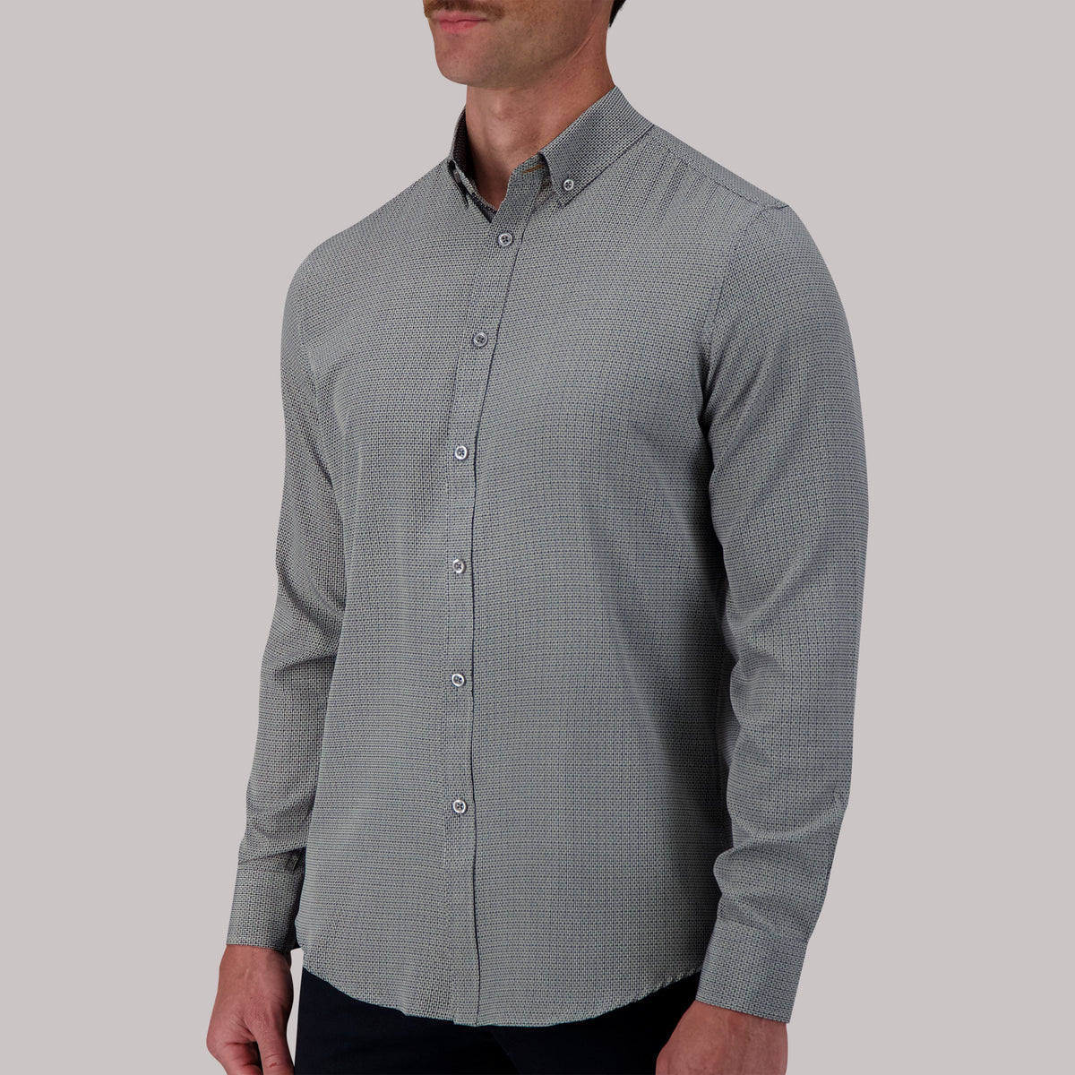 Model Side View of Long Sleeve 4-Way Sport Shirt with Geo Print in Grey