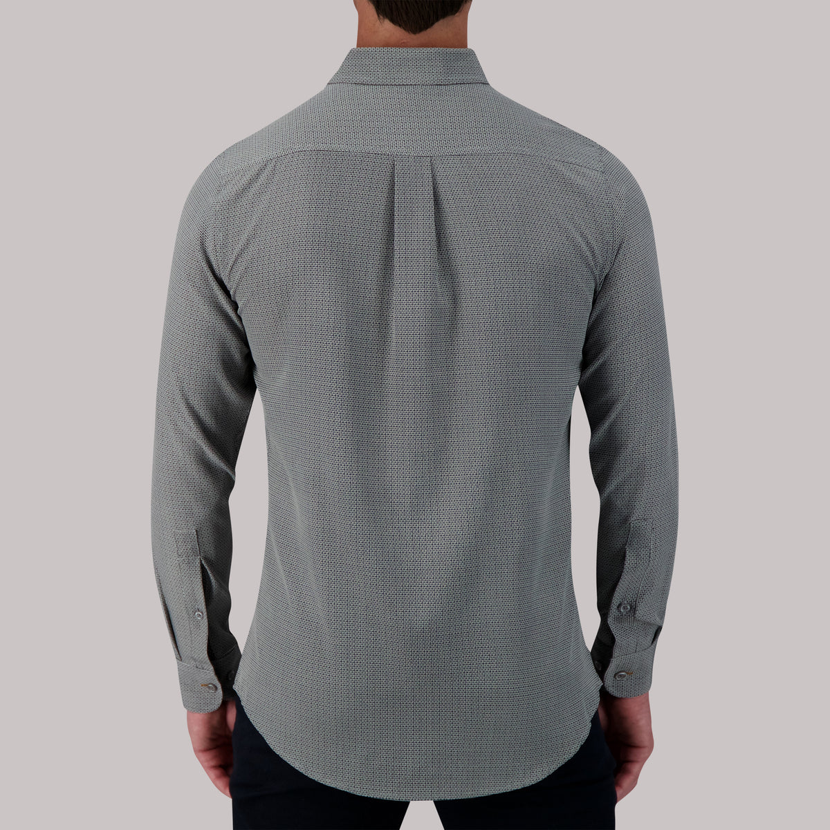 Model Back View of Long Sleeve 4-Way Sport Shirt with Geo Print in Grey
