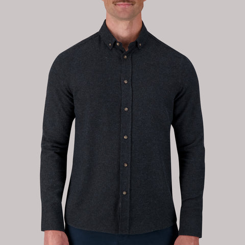 Long Sleeve Cotton Flannel Melange Woven Sport Shirt in Charcoal