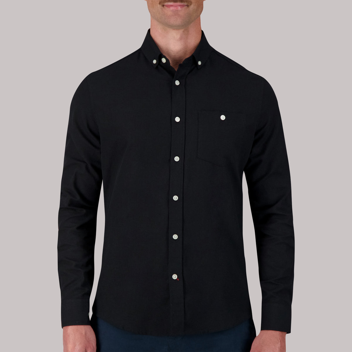 Model Front View of Long Sleeve Oxford Sport Shirt in Black