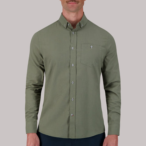 Model Front View of Long Sleeve Oxford Sport Shirt in Moss