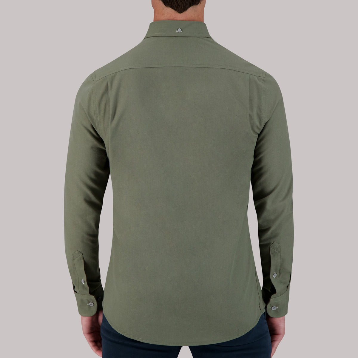 Model Back View of Long Sleeve Oxford Sport Shirt in Moss