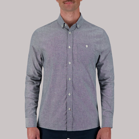 Model Front View of Long Sleeve Oxford Sport Shirt in Grey