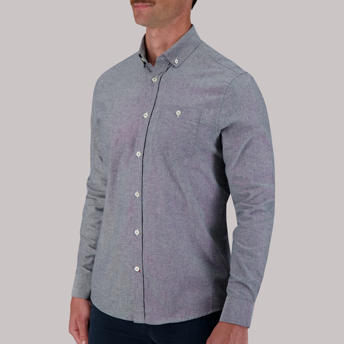 Model Side View of Long Sleeve Oxford Sport Shirt in Grey