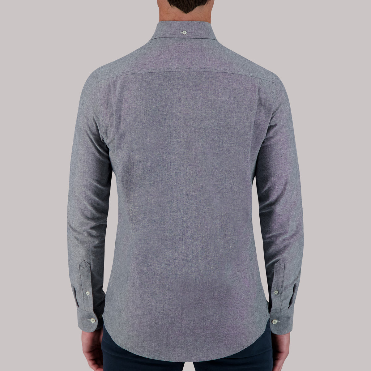 Model Back View of Long Sleeve Oxford Sport Shirt in Grey