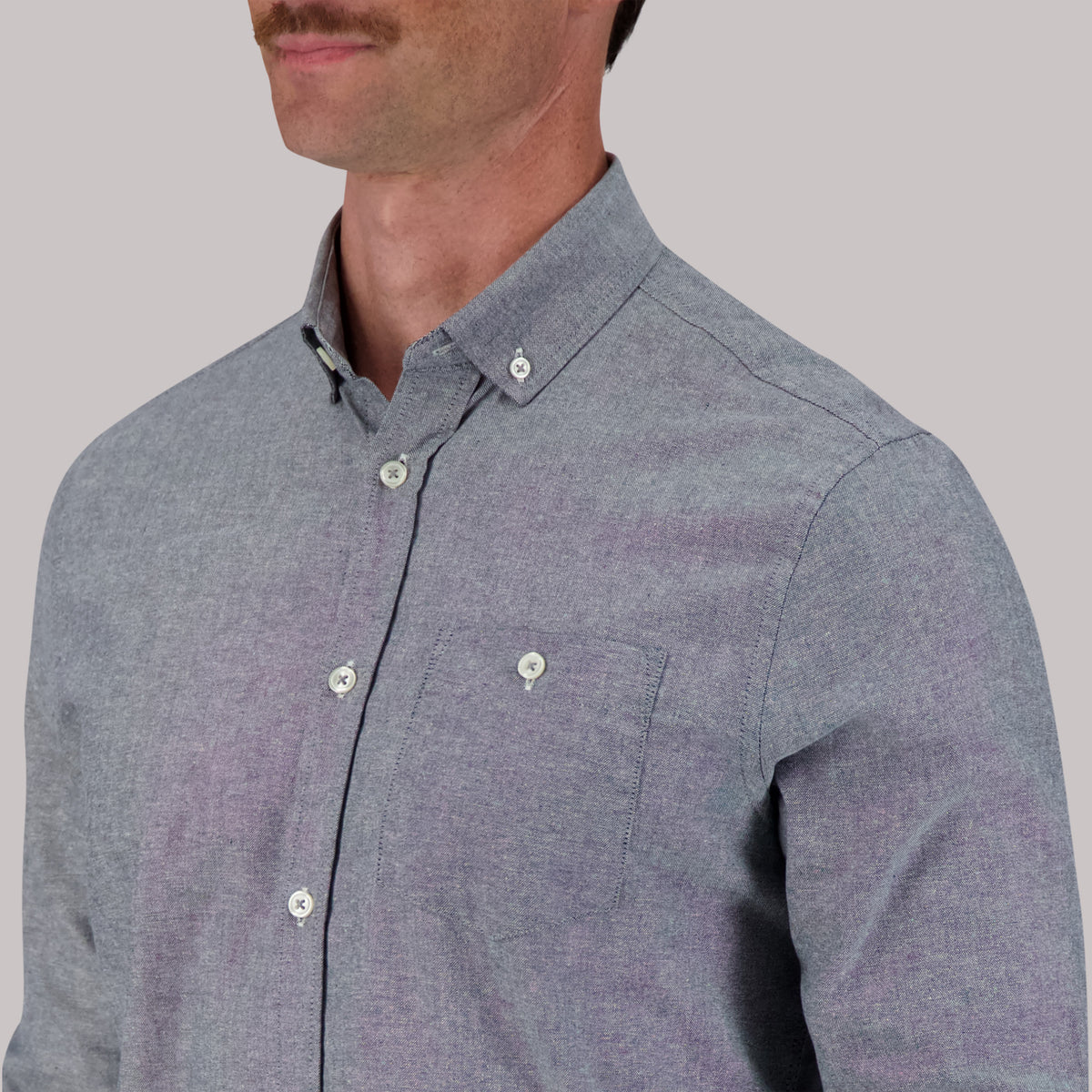 Model Front View Up Close of Long Sleeve Oxford Sport Shirt in Grey