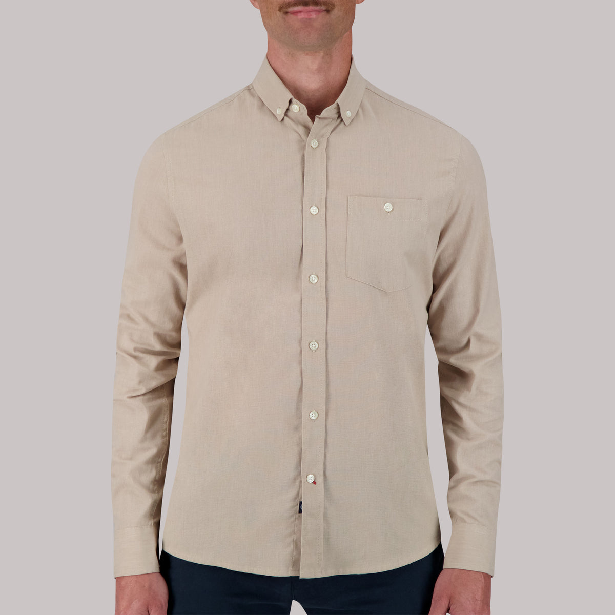 Model Front View of Long Sleeve Oxford Sport Shirt in Sand