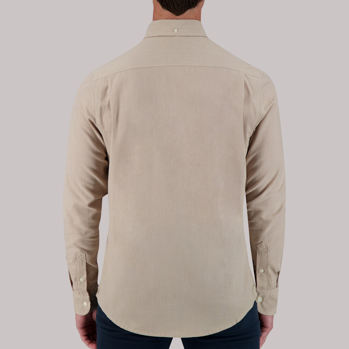Model Back View of Long Sleeve Oxford Sport Shirt in Sand
