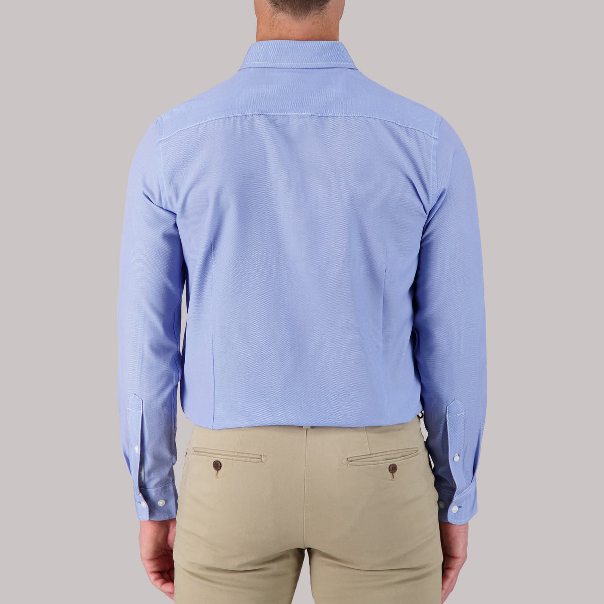 Model Back View of Long Sleeve 4-Way Dress Shirt with Square Print in Blue