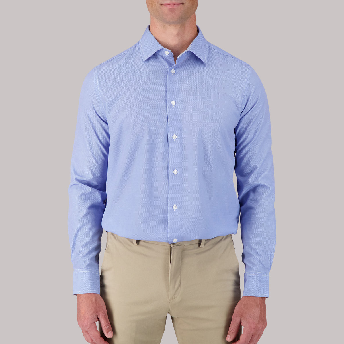 Model Front View of Long Sleeve 4-Way Dress Shirt with Square Print in Blue