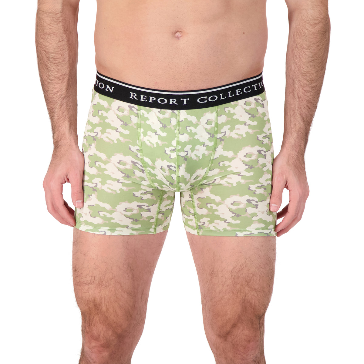 Model Front View of Boxer Underwear in Camo Print