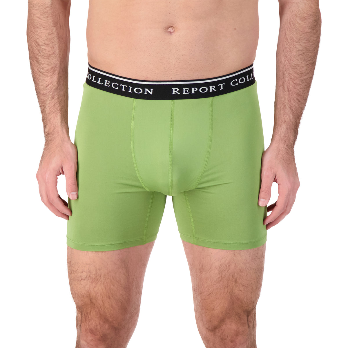 Model Front View of Boxer Underwear in Olive
