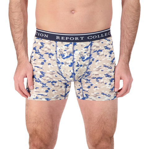 Model Front View of Boxer Underwear in Camp Print