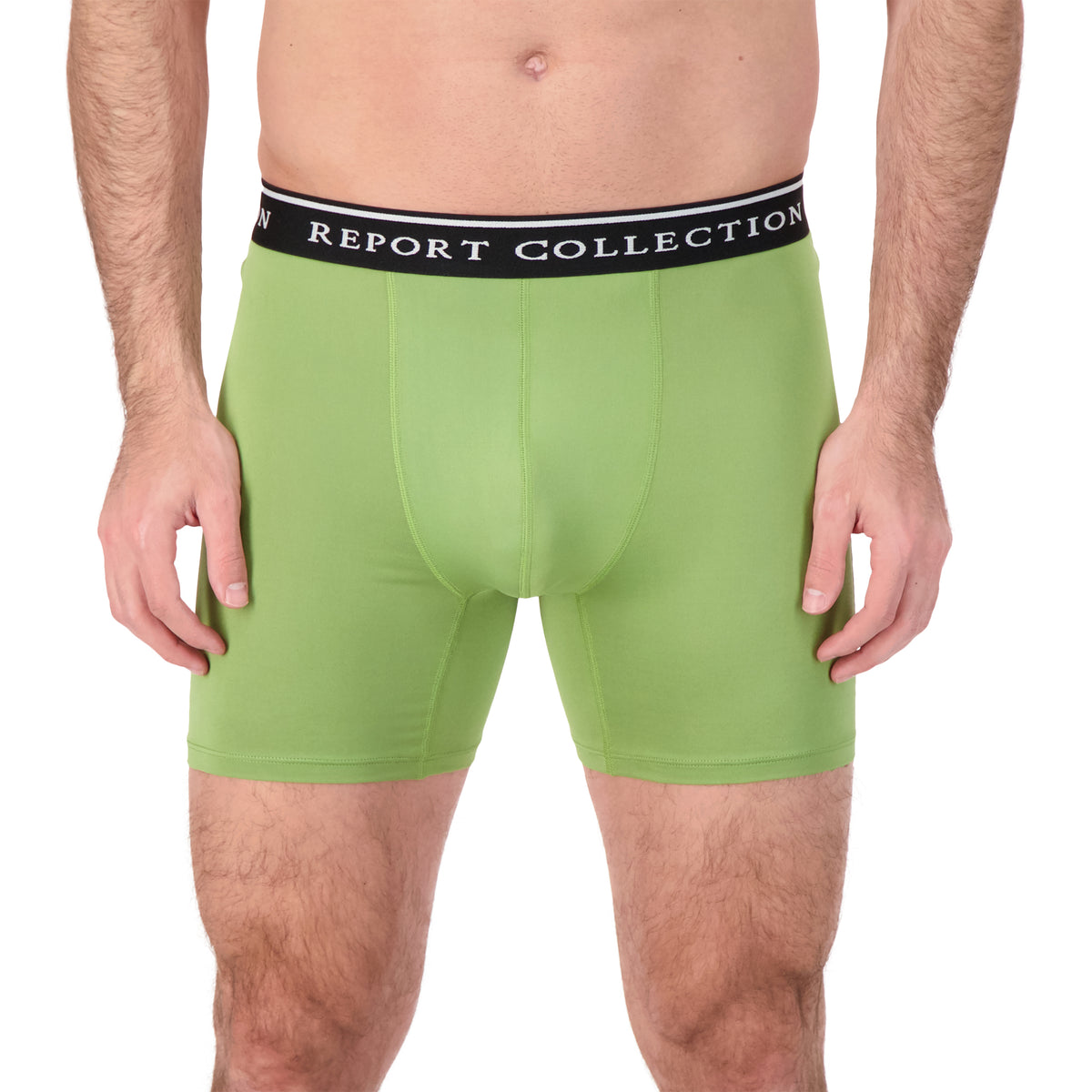 Model Front View of Boxer Underwear in Olive