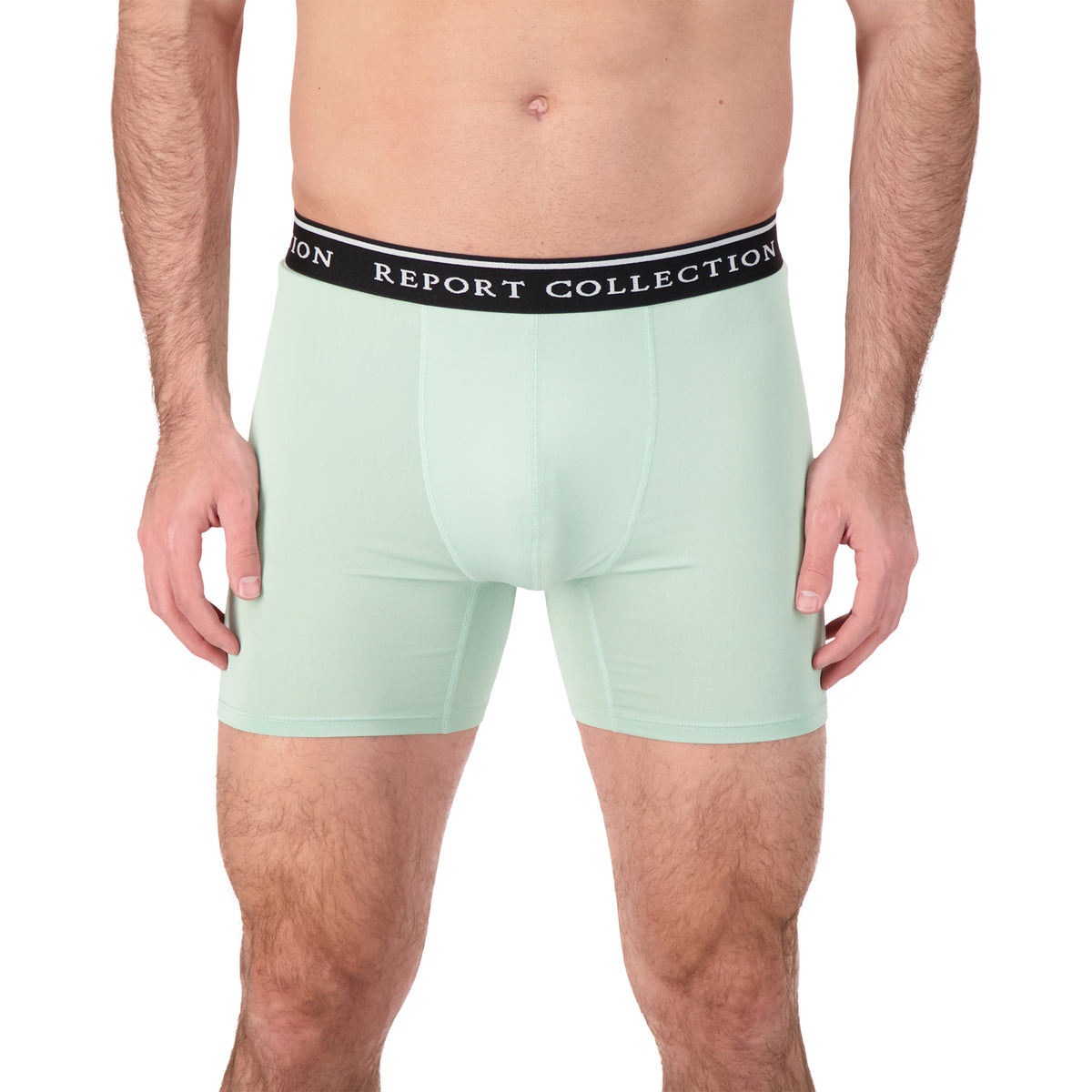 Model Front View of Boxer Underwear in Seafoam