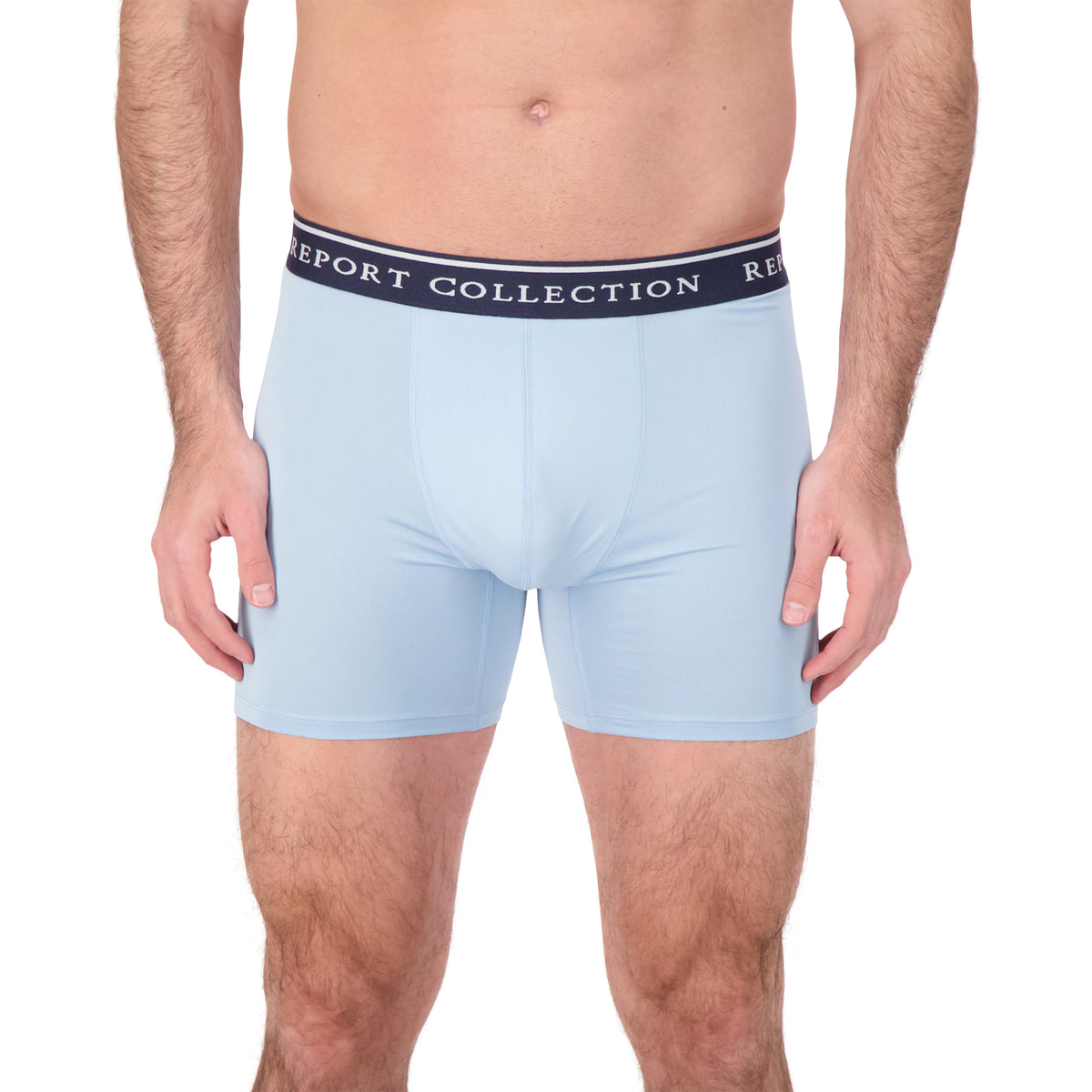 Model Front View of Boxer Underwear in Light Blue