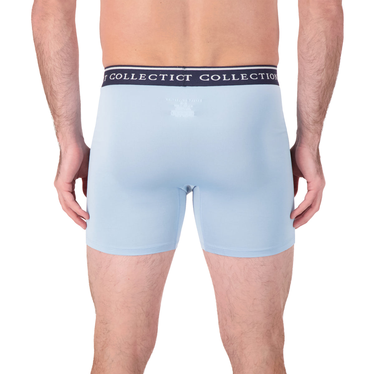Model Back View of Boxer Underwear in Light Blue