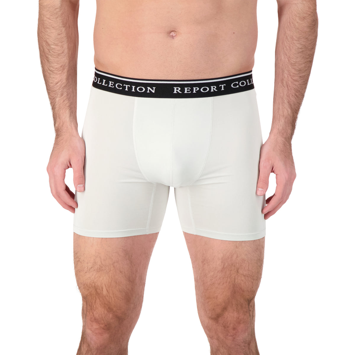 Model Front View of Boxer Underwear in Grey