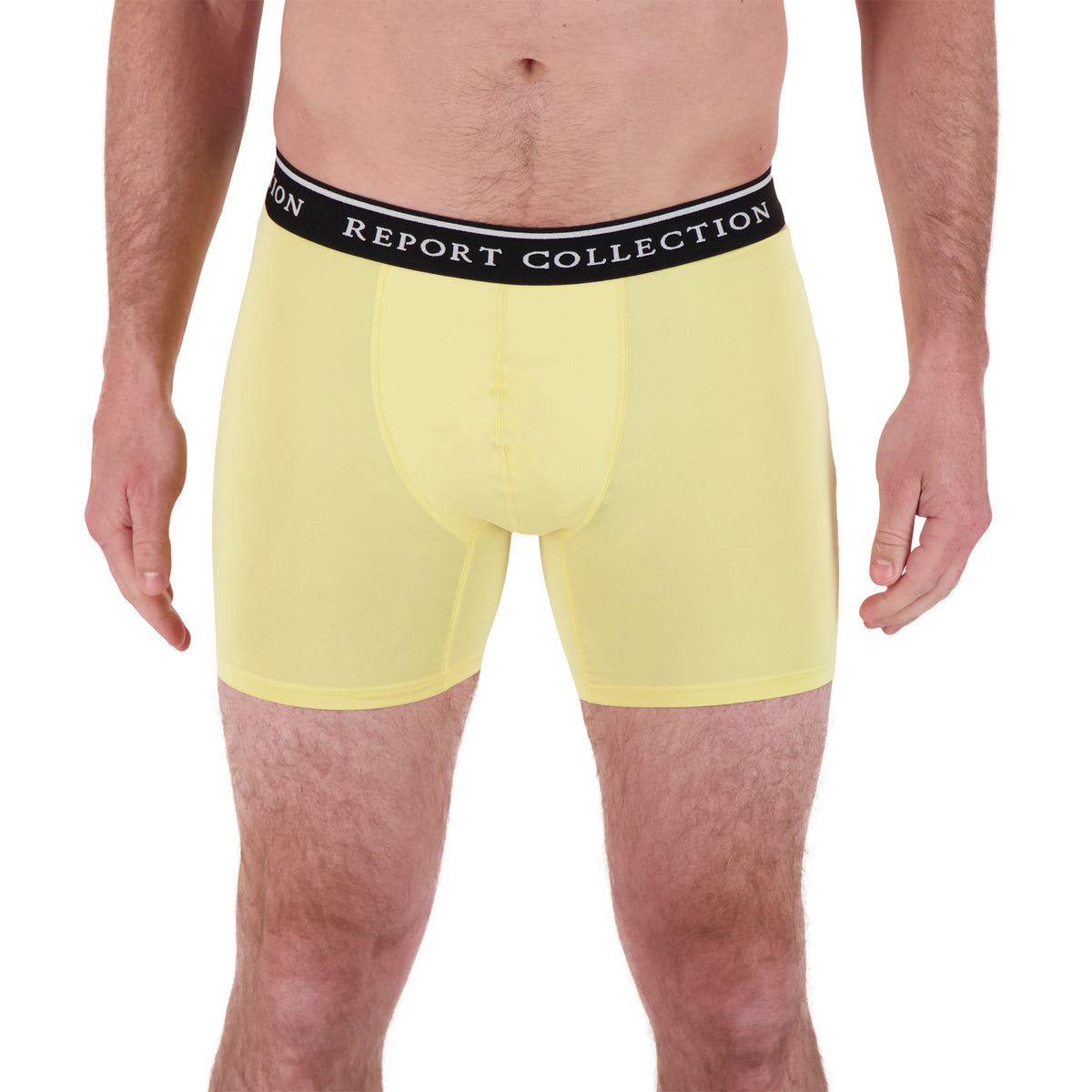 Model Front View of Boxer Underwear in Yellow