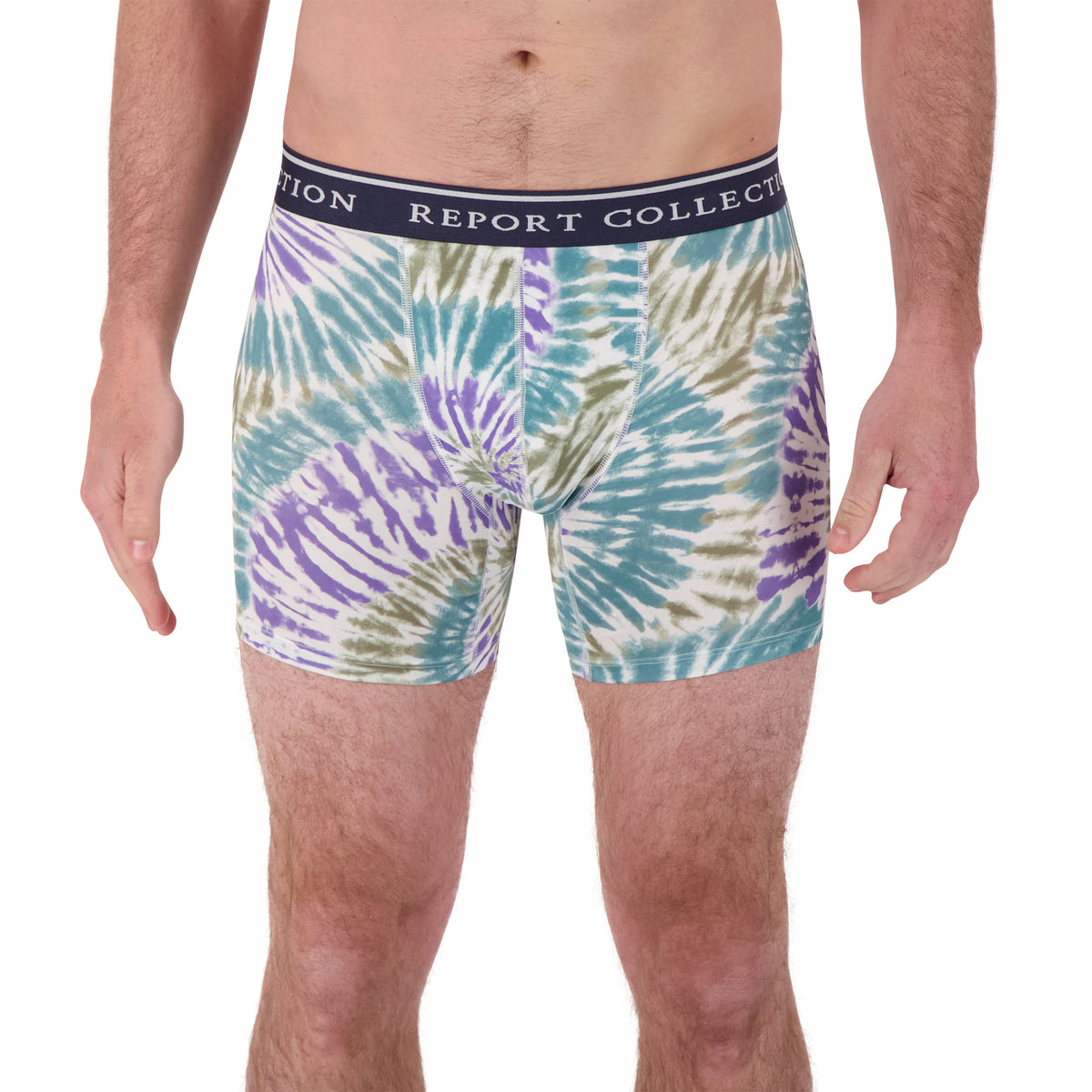 Model Front View of Boxer Underwear in Tie Dye Print