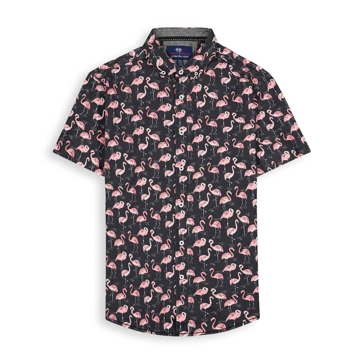 Front View of Short Sleeve Shirt with Flamingo Print in Black