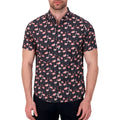 Model Front View of Short Sleeve Shirt with Flamingo Print in Black