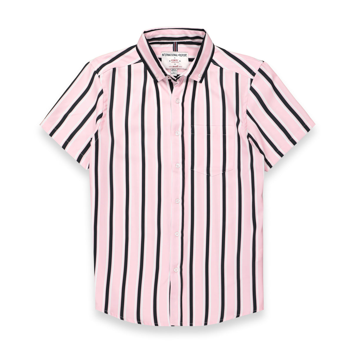 Front View of Short Sleeve 4-Way Stretch Shirt with Stripes in Pink