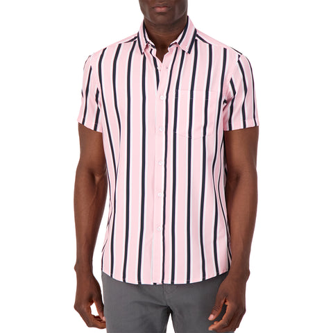 Model Front View of Short Sleeve 4-Way Stretch Shirt with Stripes in Pink