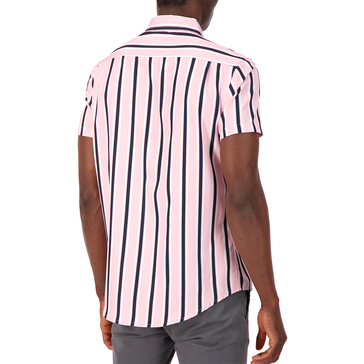 Model Back View of Short Sleeve 4-Way Stretch Shirt with Stripes in Pink