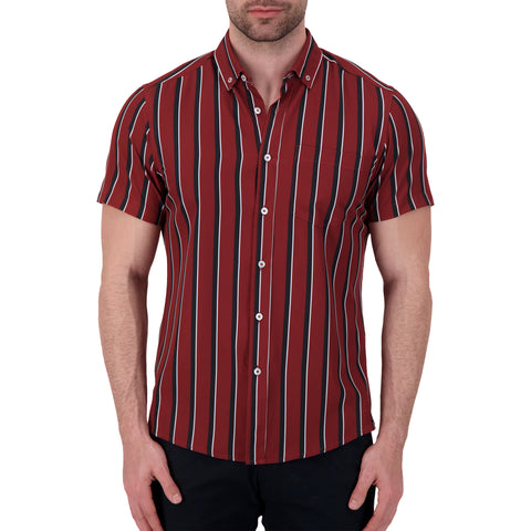 Model Front View of Short Sleeve 4 Way Stretch Striped Shirt in Burgundy