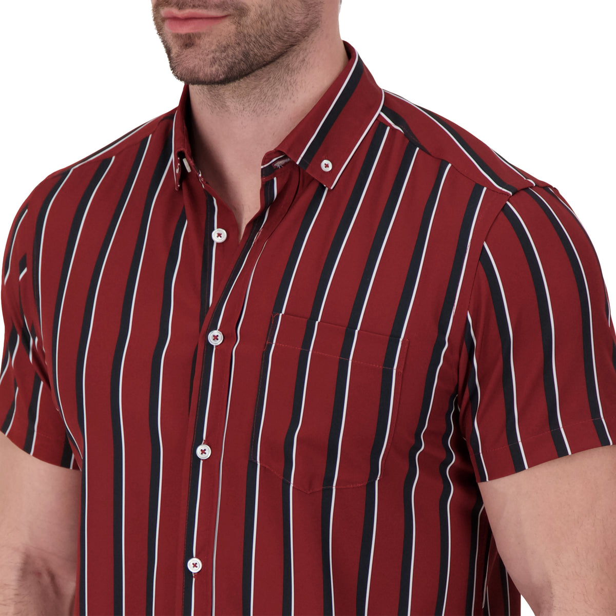 Model Side View of Short Sleeve 4 Way Stretch Striped Shirt in Burgundy