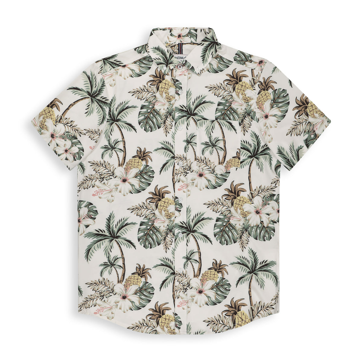 Front View of Short Sleeve 4-Way Stretch Shirt with Palm Print in White