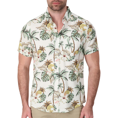 Model Front View of Short Sleeve 4-Way Stretch Shirt with Palm Print in White