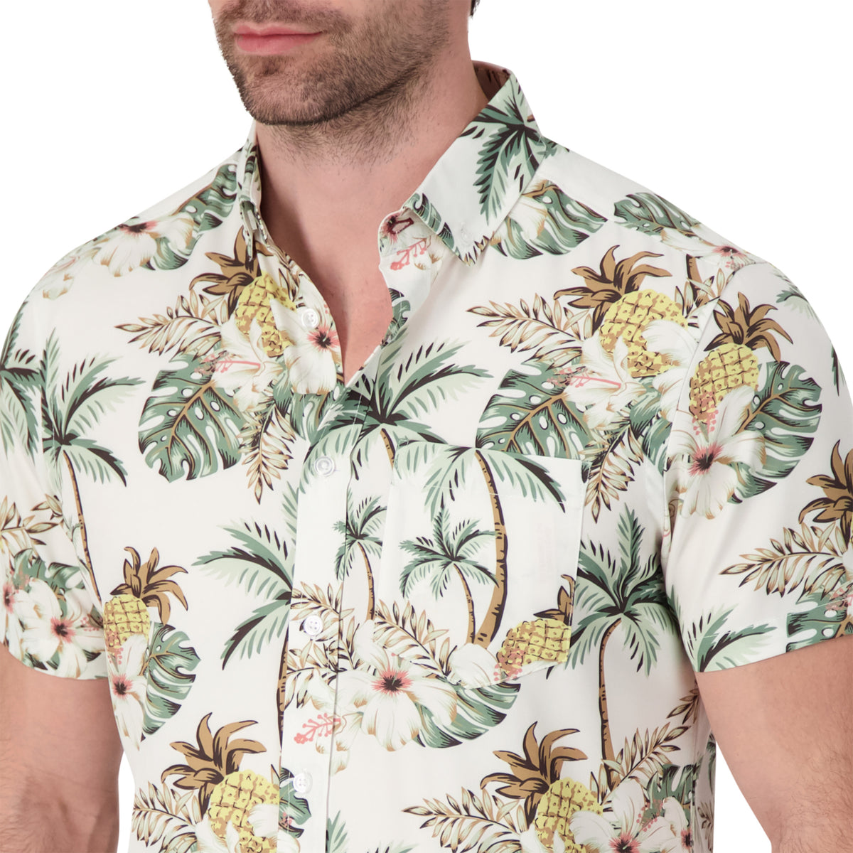 Model Front Close Up View of Short Sleeve 4-Way Stretch Shirt with Palm Print in White