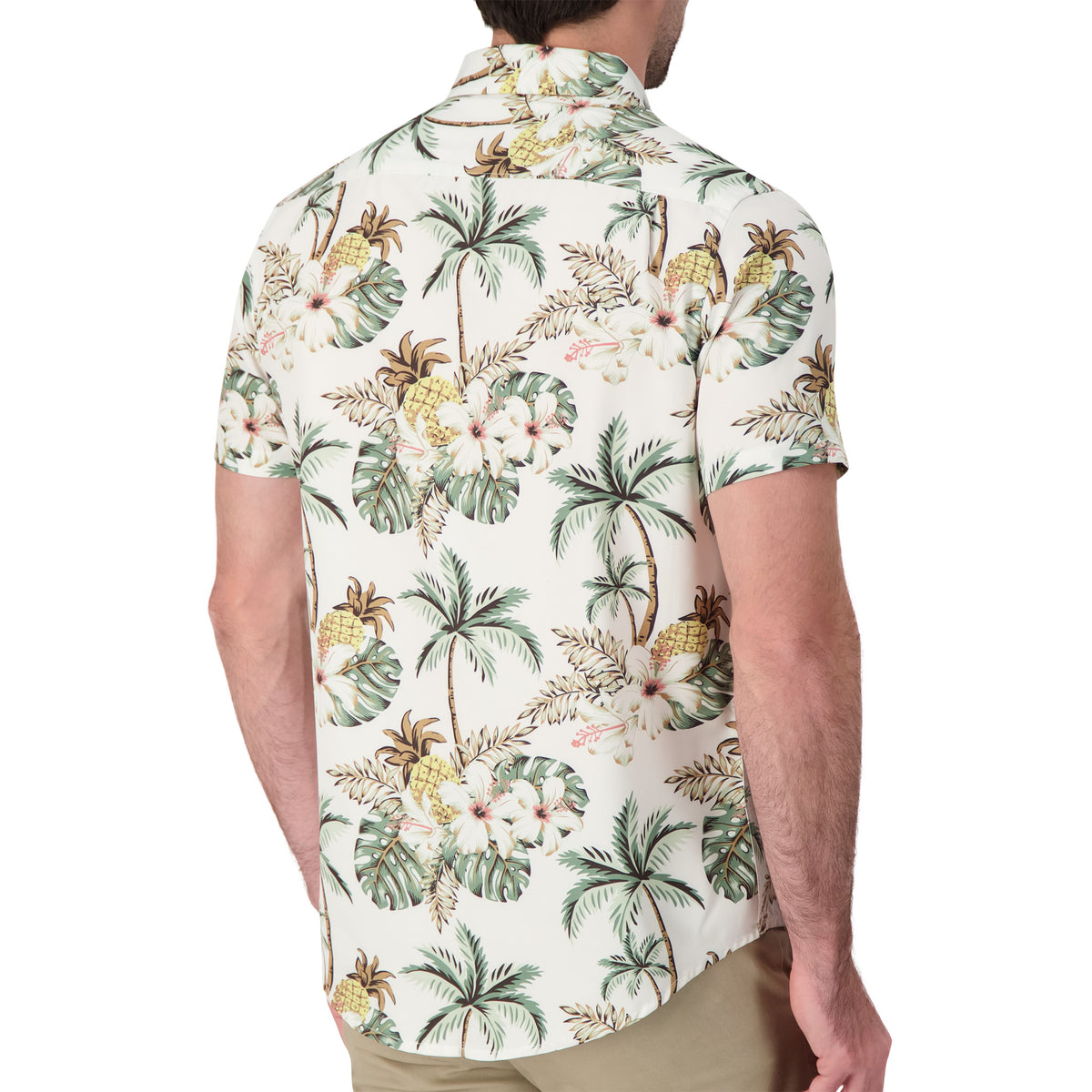 Model Back View of Short Sleeve 4-Way Stretch Shirt with Palm Print in White