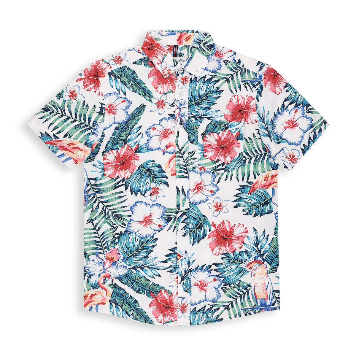 Front View of Short Sleeve 4-Way Stretch Shirt with Hibiscus Print in Pink