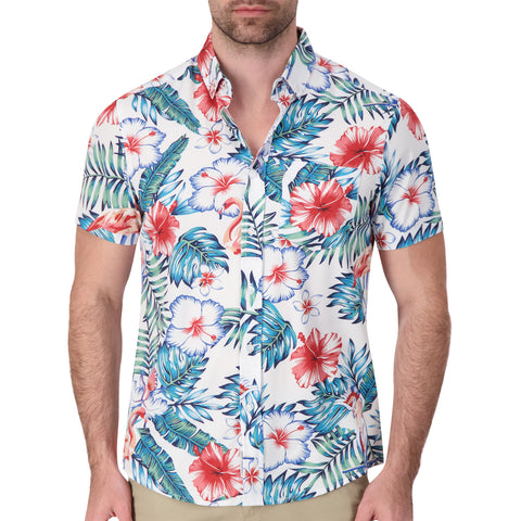 Model Front View of Short Sleeve 4-Way Stretch Shirt with Hibiscus Print in Pink