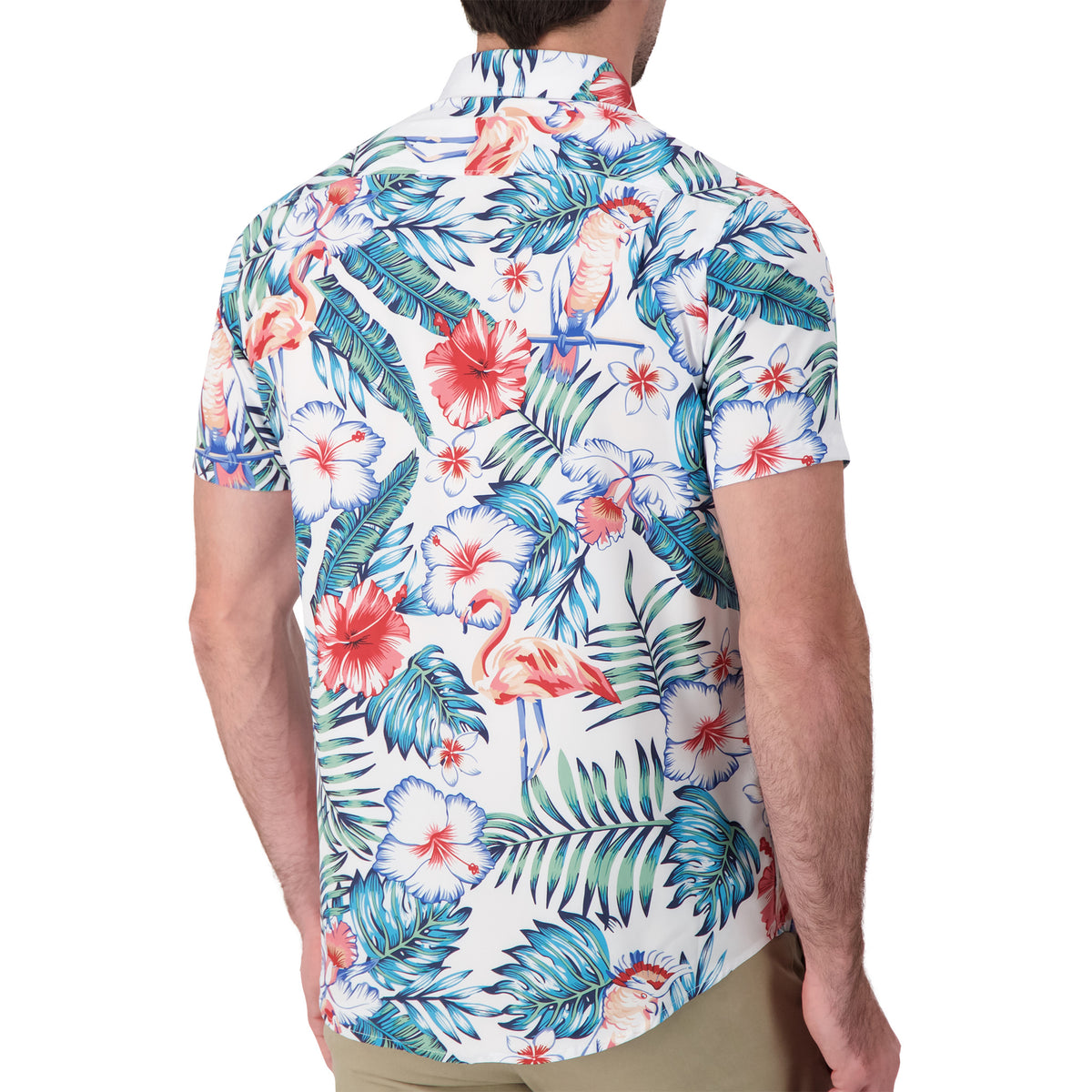 Model Back View of Short Sleeve 4-Way Stretch Shirt with Hibiscus Print in Pink
