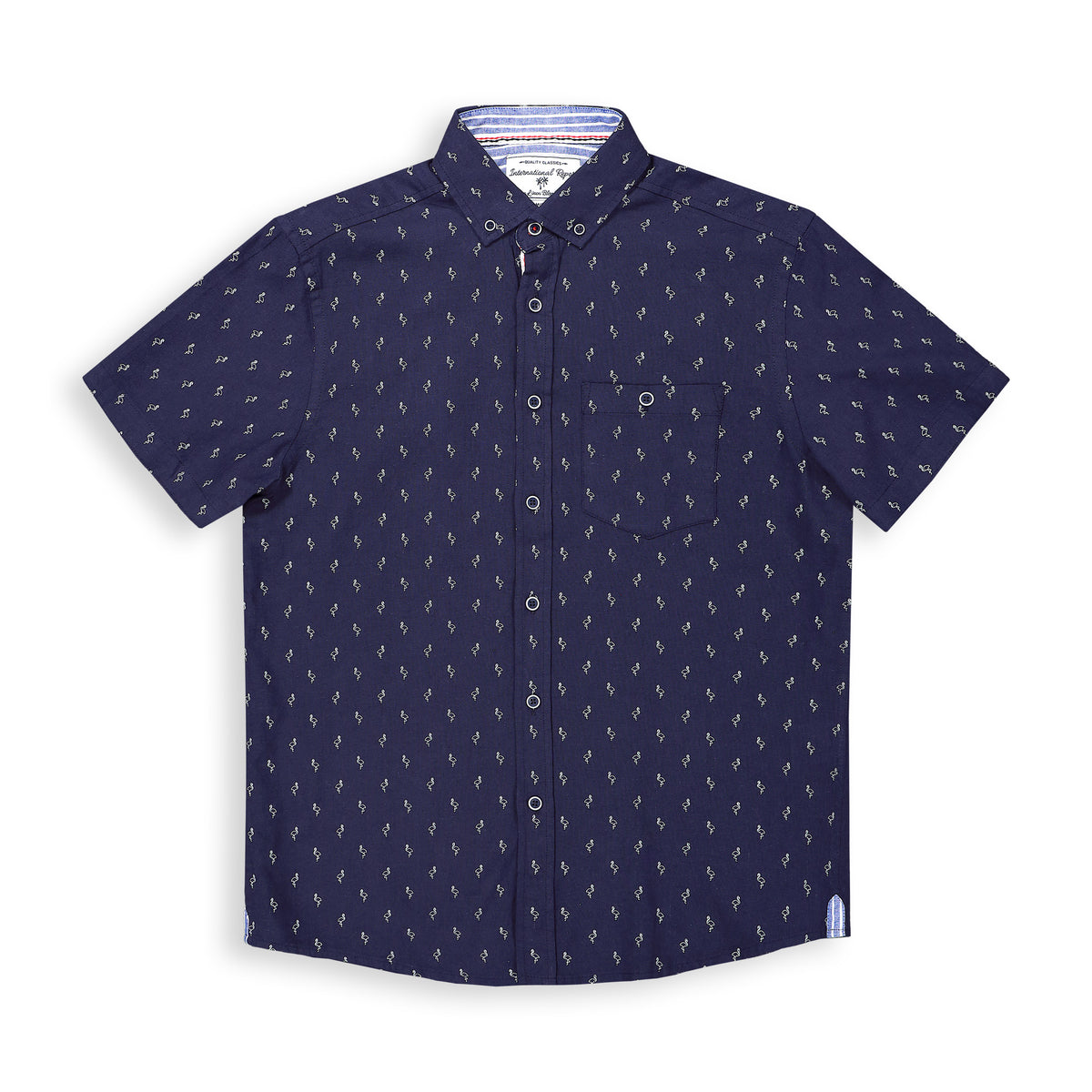 Short Sleeve Linen Blend Shirt with Flamingo Print in Navy