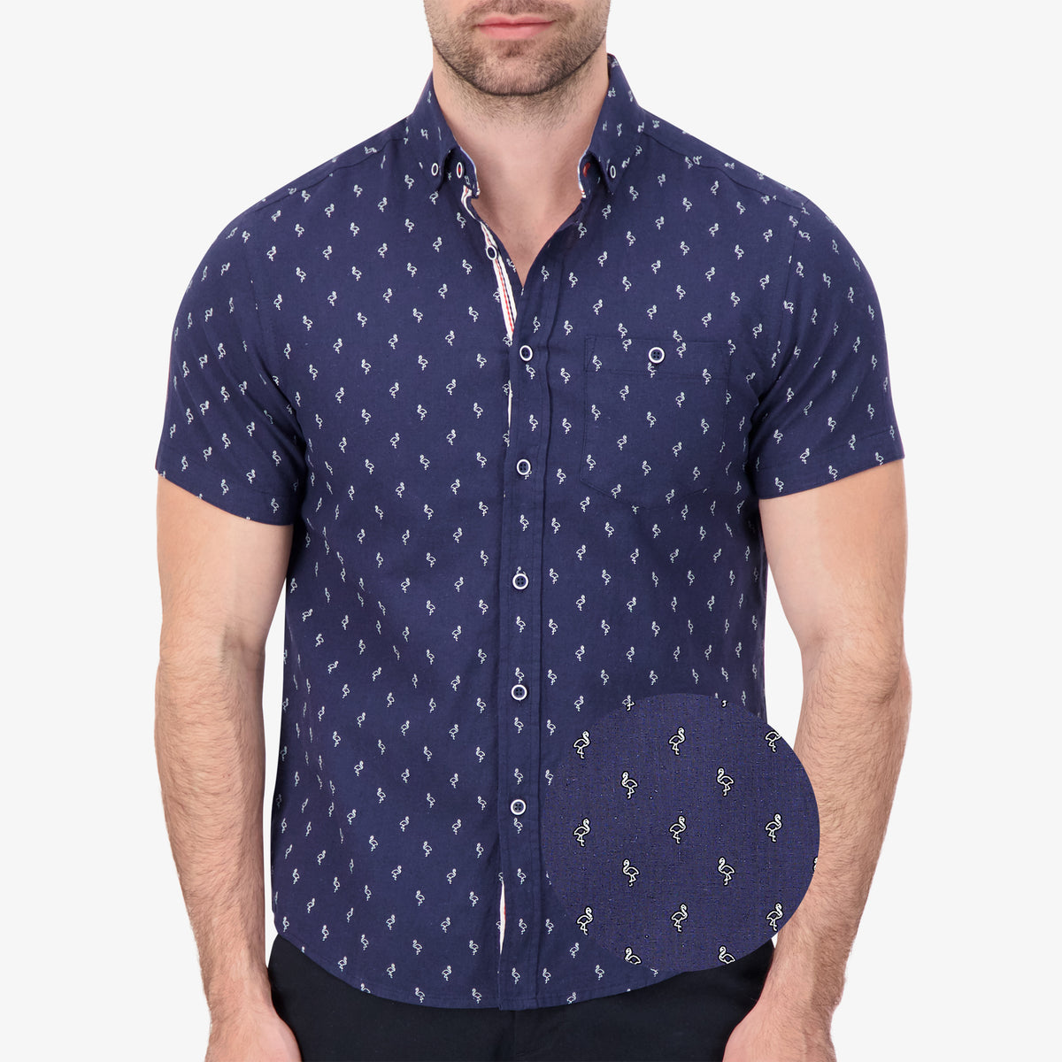 Short Sleeve Linen Blend Shirt with Flamingo Print in Navy
